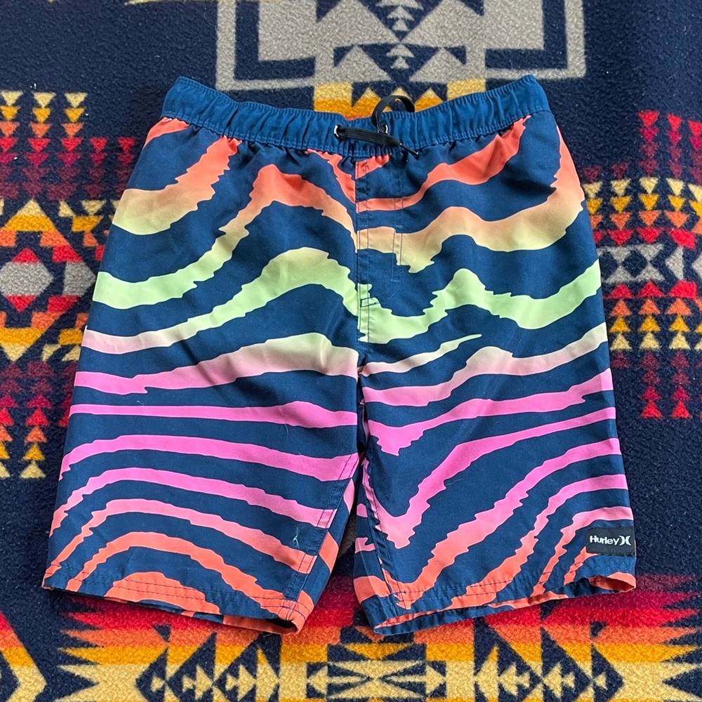 Hurley Navy Swim Shorts with Neon Wave Stripes